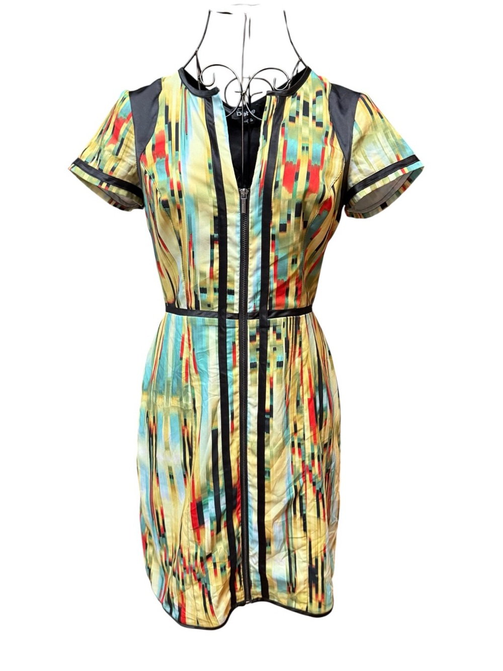 Bebe Multicolor Abstract Print Short Sleeve Zipper Dress - Yellow/Black size 0
